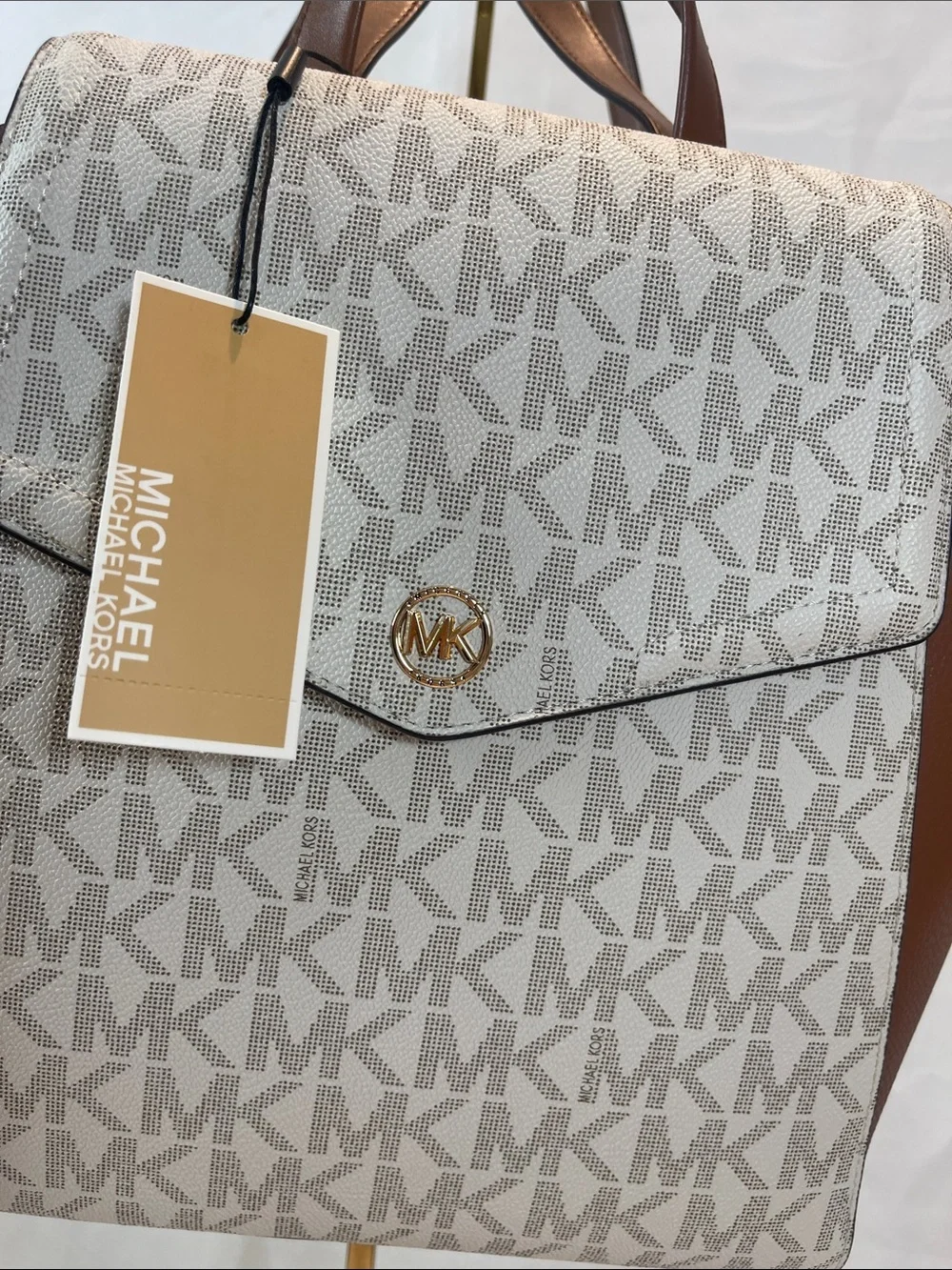 Michael Kors White & Brown MK Signature Satchel